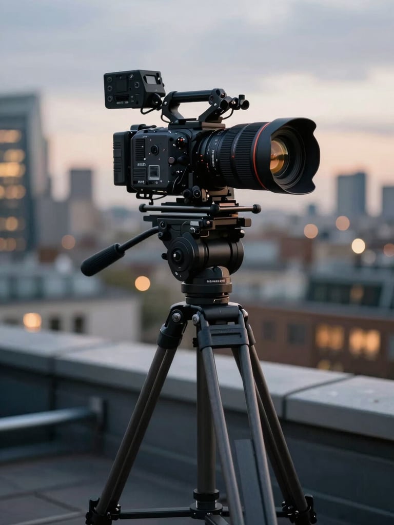 A high-end cinematic camera rig on a heavy tripod, positioned on a London rooftop at dusk, city lights blurred in the background, sharp focus on the lens.