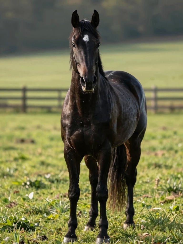 A striking black thoroughbred horse with a white star marking, standing alone in a vibrant green paddock under crisp, high-contrast morning light, looking toward the camera.