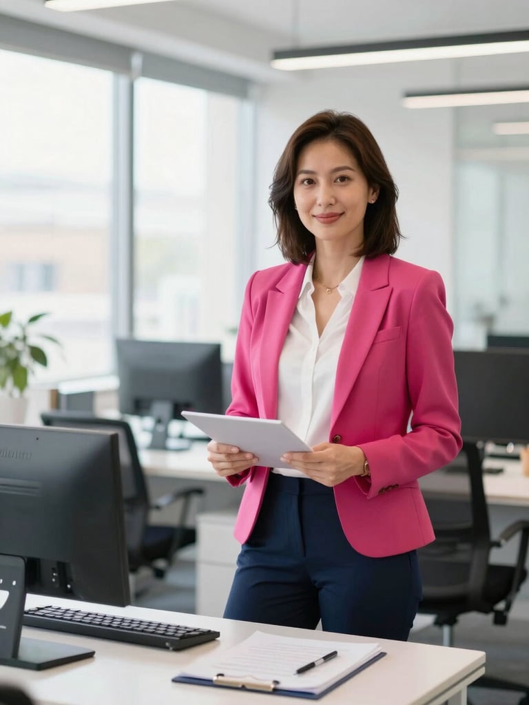 Bright editorial photography of a confident professional presenting in a modern workspace, vibrant professional tones, natural daylight