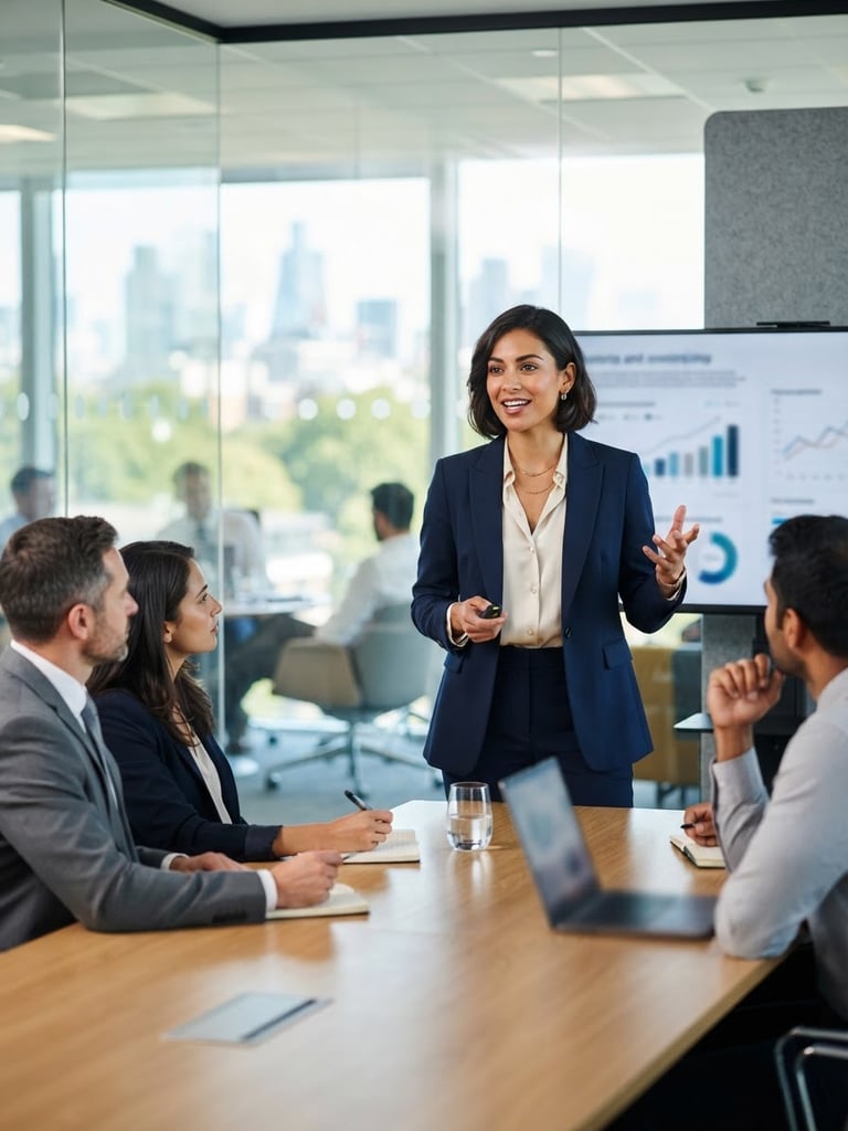 A confident professional presenting to a group in a bright, modern glass-walled conference room, natural high-key daylight, shallow depth of field.