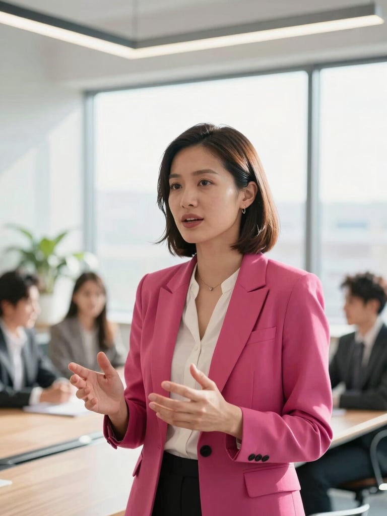 A confident professional woman speaking deliberately in a modern sunlit meeting room, hands gesturing clearly, shallow depth of field, bright daylight.