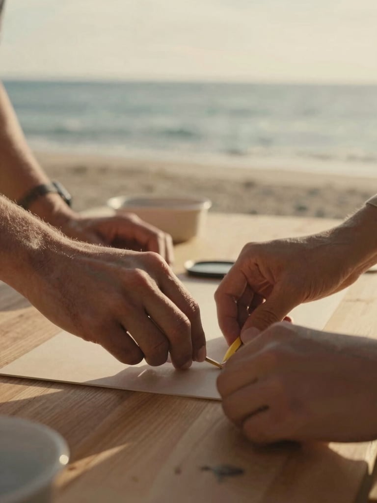 A close-up of hands working together on a wooden table during a community workshop, warm natural light, warm editorial photography, soft coastal golden-hour light, muted ocean tones, natural grain, shallow depth of field, 35mm.