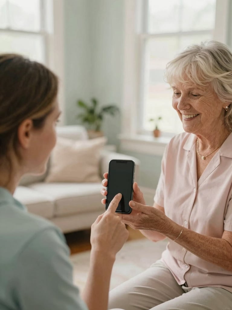A warm, natural daylight photograph of a patient volunteer gently pointing to a smartphone screen while a smiling senior woman holds the device in a cozy Georgia community center.