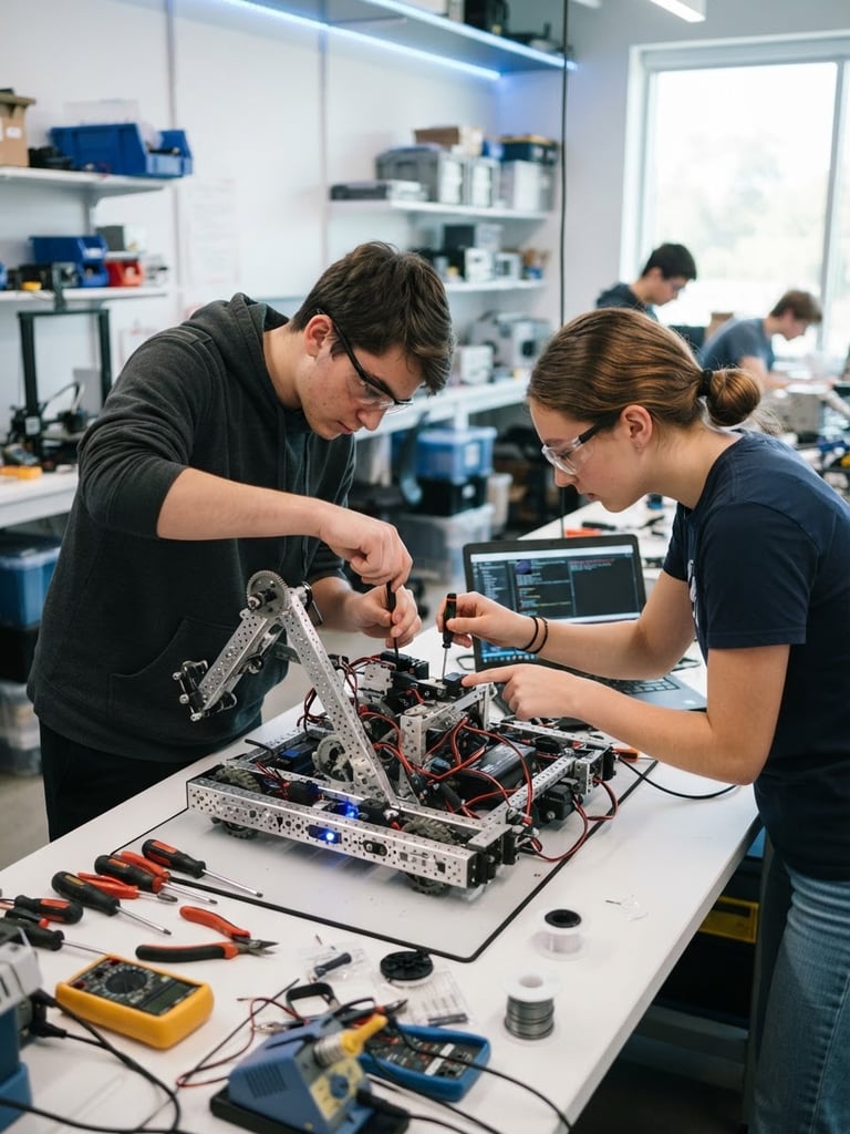 Eye-level shot of two high school students intensely calibrating a complex metal robot chassis on a clean white technical workbench, bright daylight with subtle blue LED highlights, sharp details, 35mm