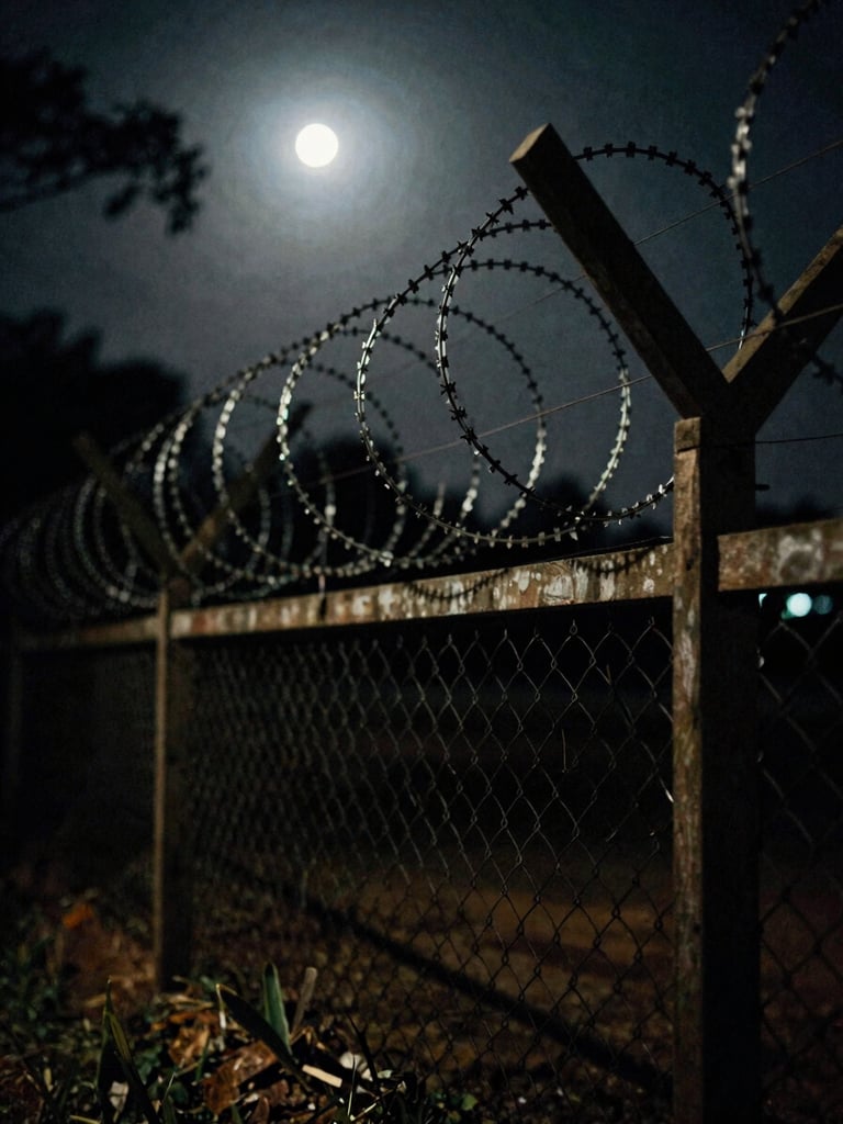 Gritty close-up of a barbed wire fence at the Thailand-Cambodia border under moody, low-key moonlight, dramatic shadows, 35mm film grain