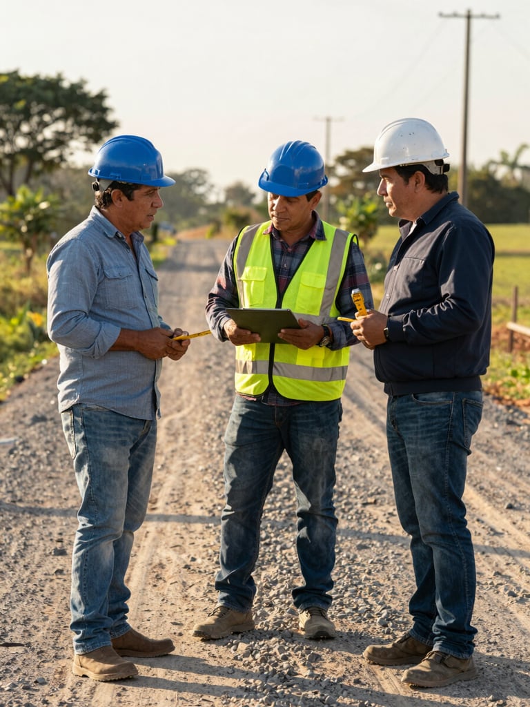 Medium shot of candidate and two local civil engineers standing on a gravel road in Fernández, holding measuring tools and discussing infrastructure, natural daylight