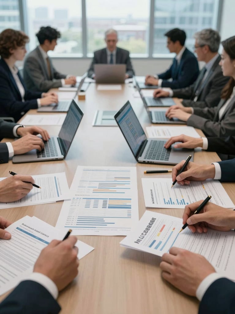 Wide environmental shot of a corporate conference room in active use, multiple hands over documents and printed financial models spread across a long table, cool north-facing daylight from tall windows, laptops open with spreadsheet data visible, no faces prominent, overhead angle emphasizing the working materials
