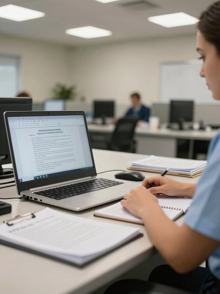 Wide shot of a public servant at a government desk watching content on a laptop screen, bid documents and a notepad open beside the keyboard, fluorescent office lighting, seen from a slight angle, no face fully visible, hands resting on the desk