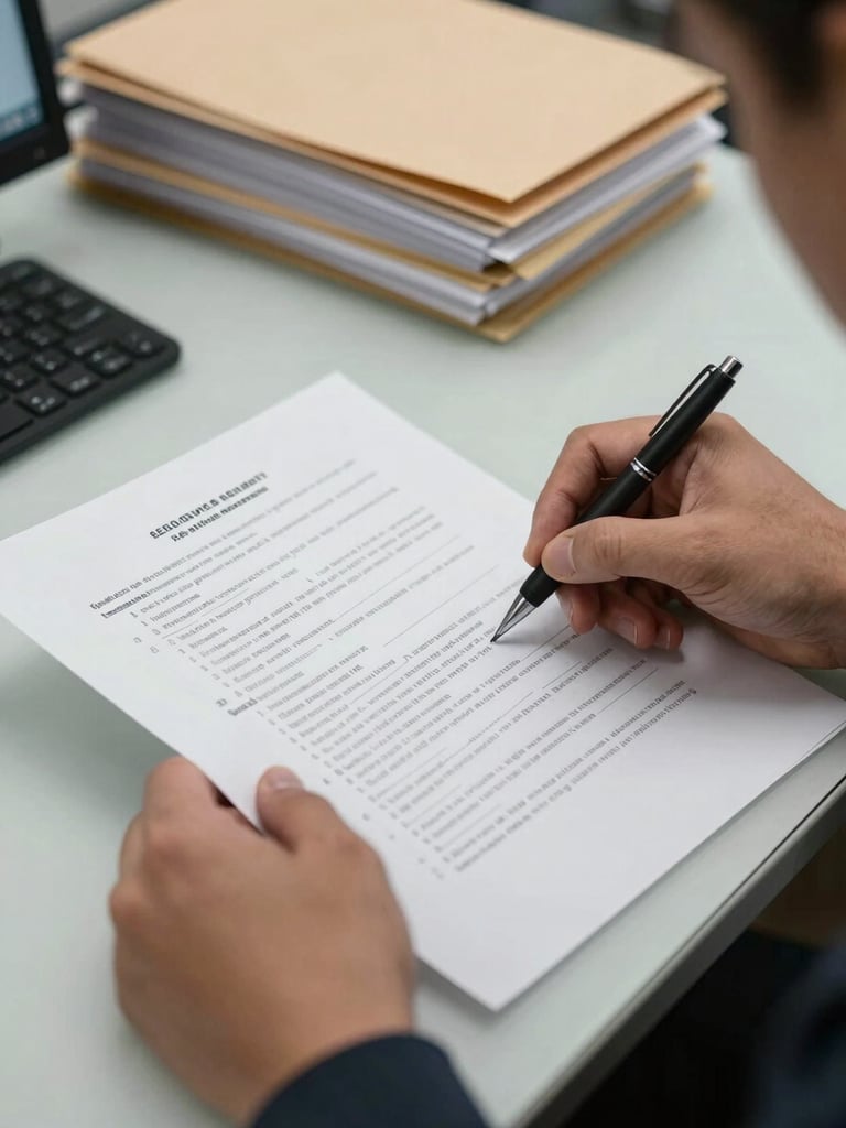 Close-up of hands holding a printed bid document over a municipal office desk, pen mid-annotation on a line item, fluorescent office light, stack of folders visible in the background, documentary framing, no faces