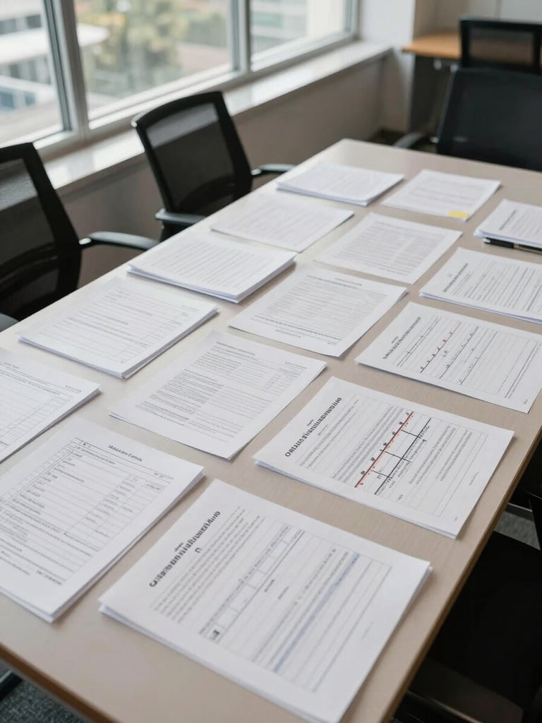 Wide environmental shot of a municipal procurement office during work hours, overhead angle showing a meeting table covered in printed bid materials, annotated forms, and a timeline chart, natural daylight from tall windows, no people visible — only the materials of an active tender