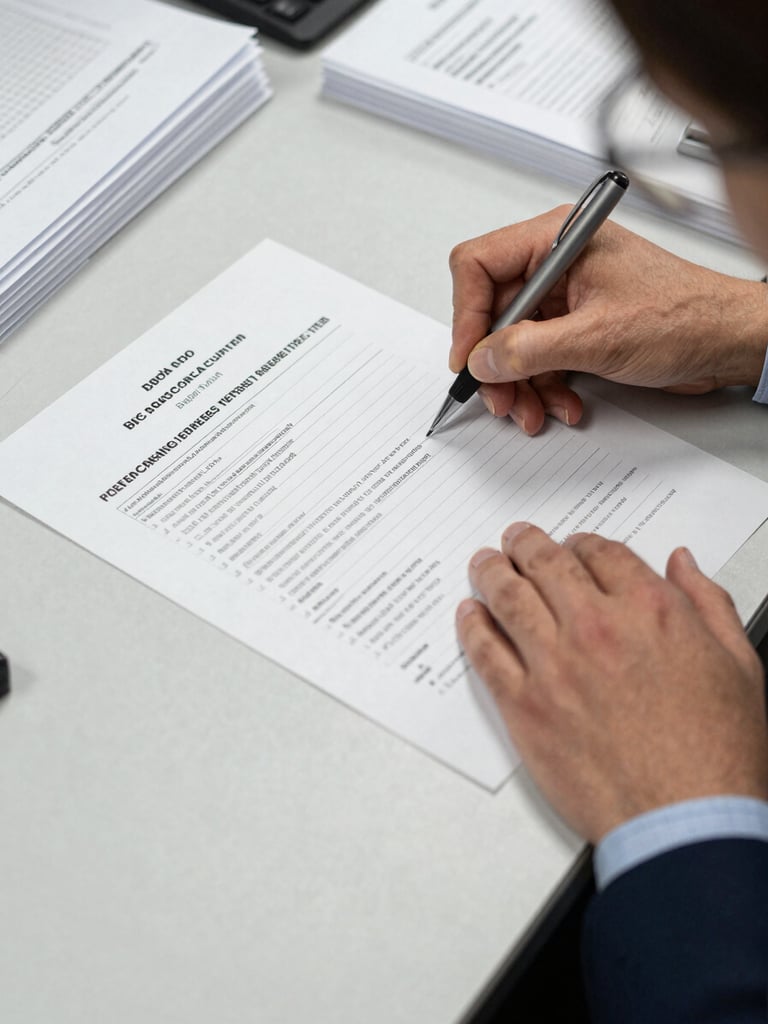 Close-up overhead shot of a procurement officer's hands annotating a printed bid document on a municipal office desk, fluorescent office lighting, pen marks visible on form margins, stacks of additional documents partially visible at frame edges