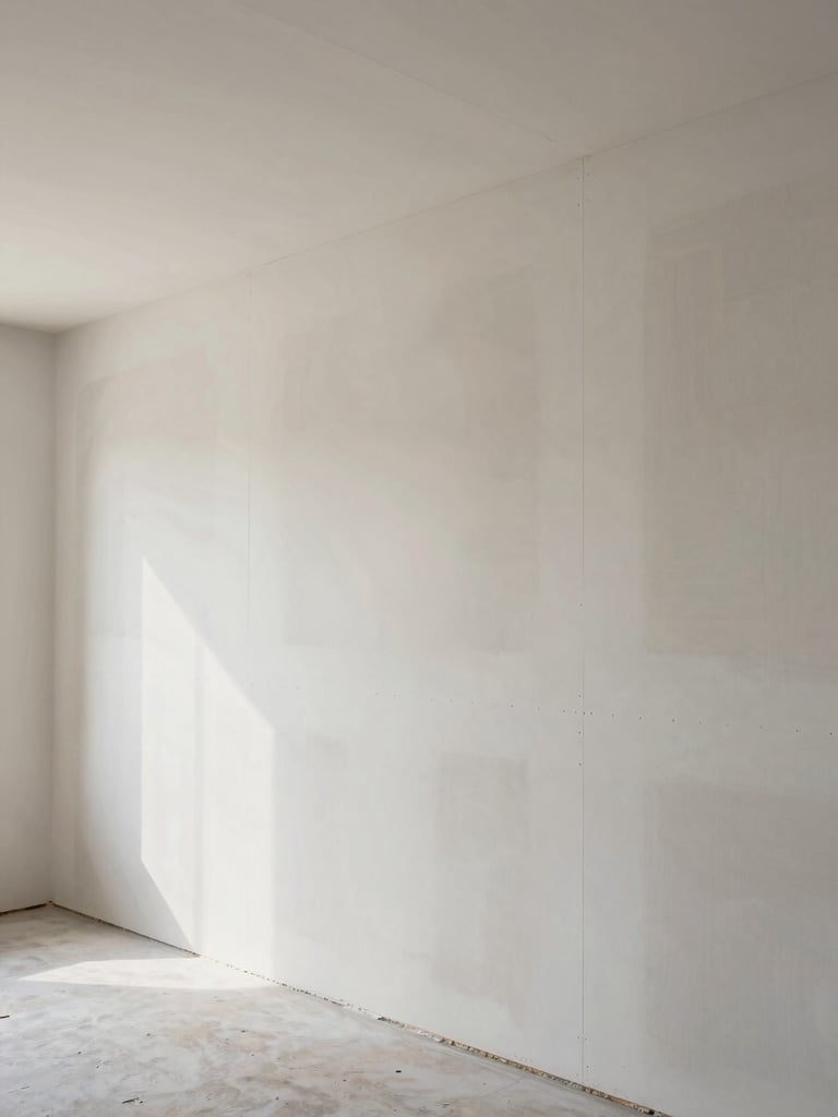 Wide architectural shot of freshly installed drywall panels in a commercial interior, seams aligned with precision, north-facing daylight raking across the surface revealing texture and uniformity, no workers visible, single vanishing-point perspective