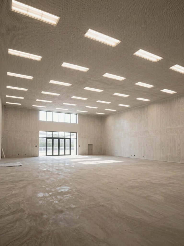 Wide environmental shot of a large commercial space fully clad in drywall, ceiling grid complete, LED panels installed and illuminated, single architectural viewpoint from the entrance, controlled daylight from clerestory windows, no staging