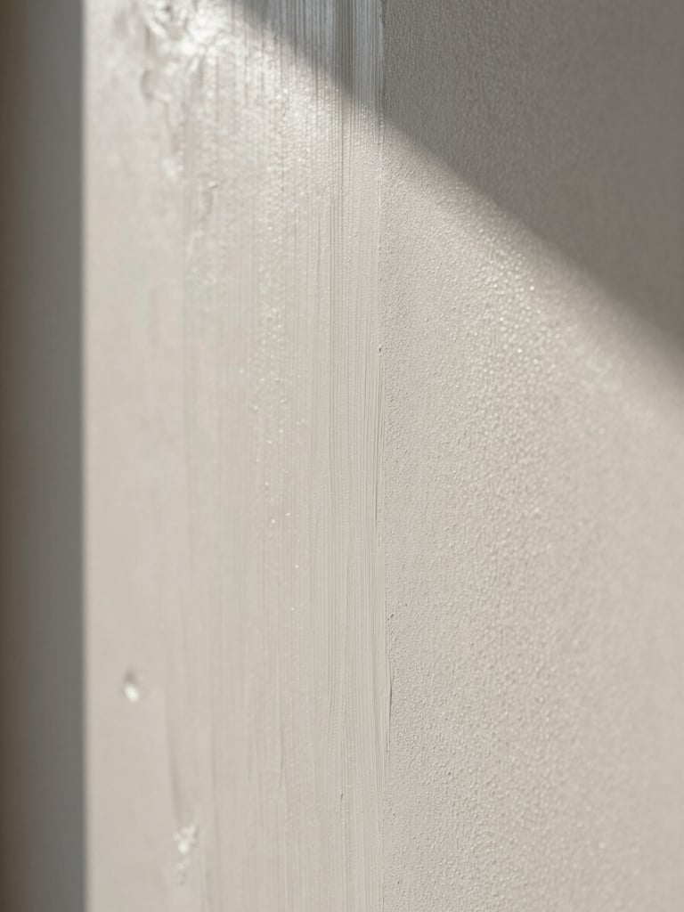 Extreme close-up of applied gypsum finish on a wall, surface texture captured under raking north-facing daylight, smooth trowel marks visible, no people, no objects, architectural detail study