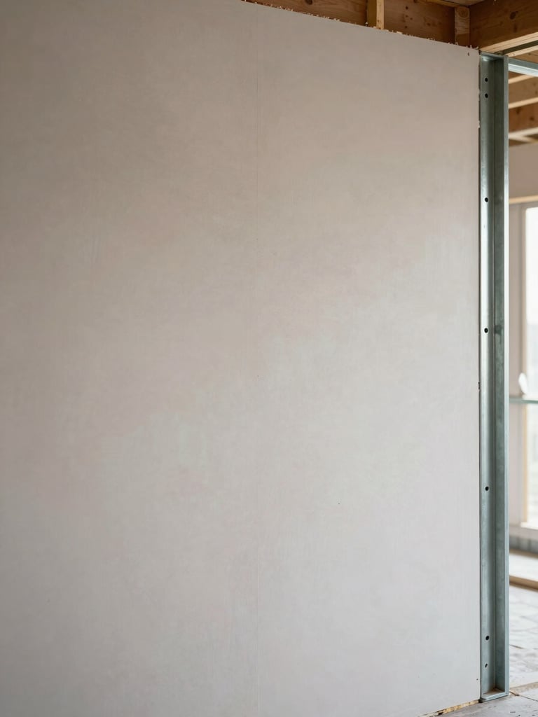 Close architectural view of freshly installed drywall panels mid-construction, plumb metal studs visible at right edge, uniform flat surface filling the frame, soft north-facing daylight, no workers, no staging