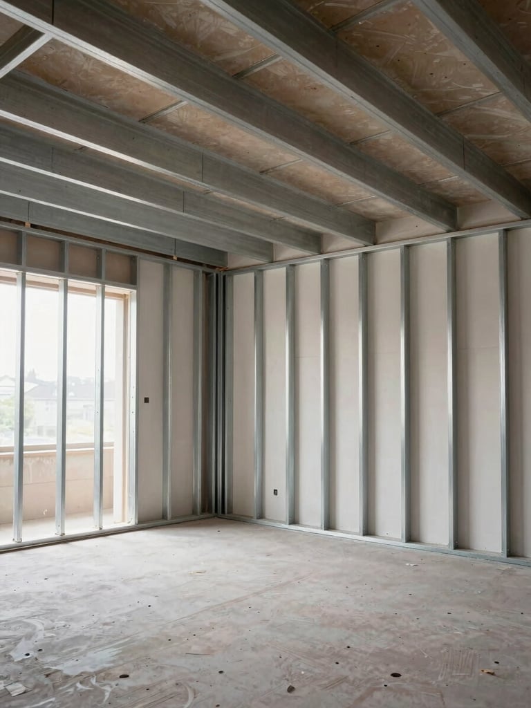 Empty interior room mid-installation showing drywall steel framing profiles aligned with geometric precision on ceiling and wall, natural north-facing light entering from a window at left, no workers, no clutter — pure structural geometry before the gypsum skin is applied