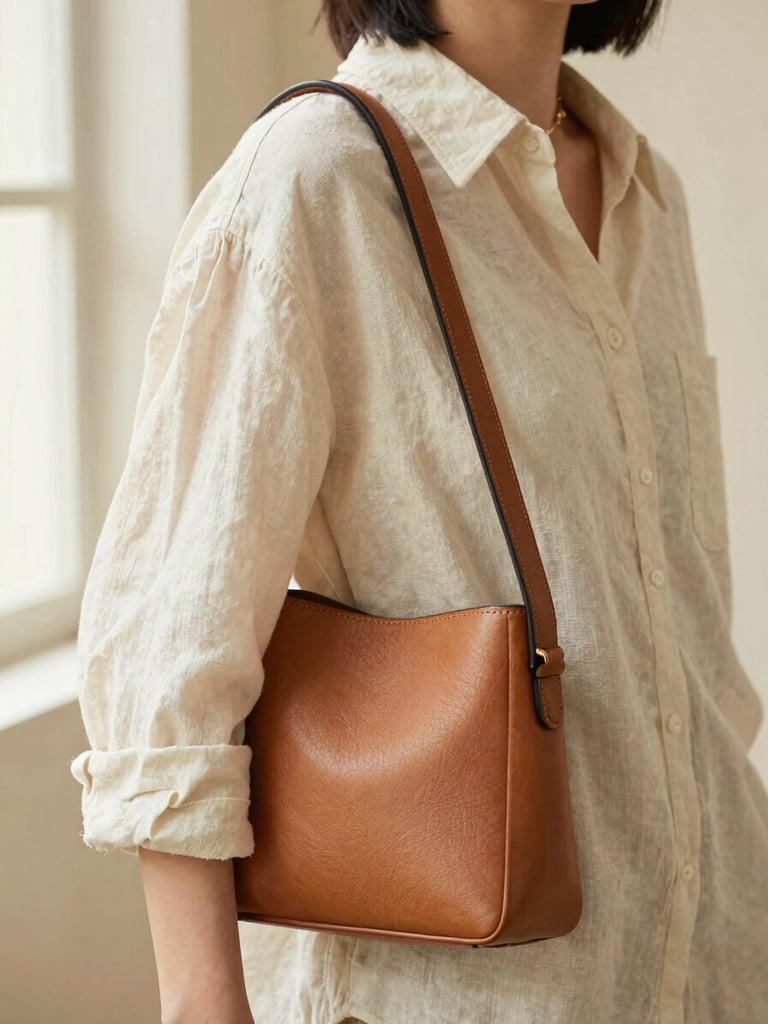 Close portrait-format editorial shot: a woman's arm and shoulder carrying a slim crossbody bag in warm caramel leather, wearing a soft cream linen shirt with one delicate ring visible, natural diffused daylight from a window, warm ivory wall behind, focus on the bag strap resting against the fabric texture