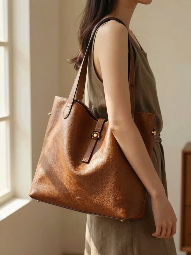 Close medium shot from the side, a woman's hand and forearm carrying a structured leather bag over her shoulder against a warm ivory interior wall, soft natural window light raking across the bag's texture, warm bronze tones, calm and purposeful