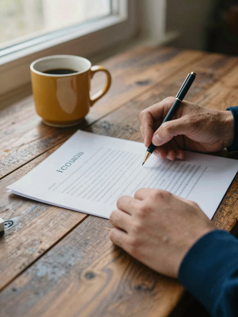 Close-up of hands signing a contract on a rustic wooden desk, a warm ceramic coffee mug nearby, soft natural morning light, shallow depth of field, warm editorial style.