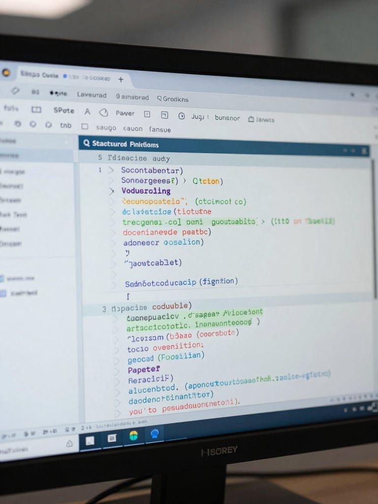 Close-up of a security analyst's screen showing a structured findings report with vulnerability classifications and code-level annotations, cool north-facing daylight, tight screen crop, no human face