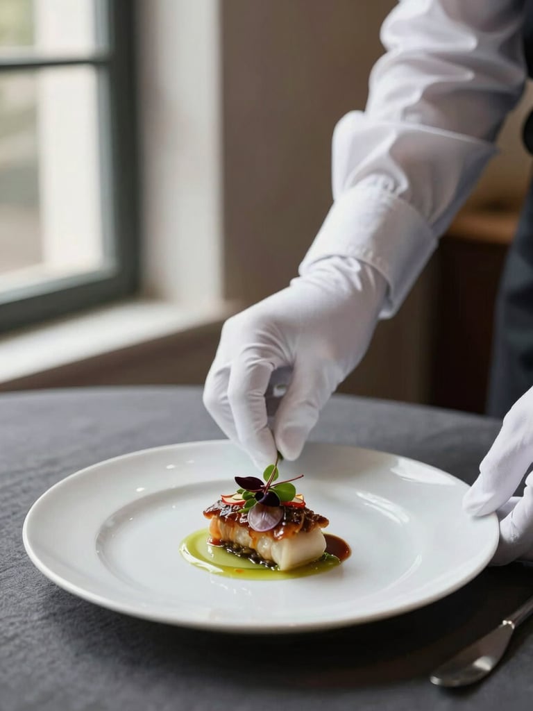 Close-up side angle of a white-gloved server's hands setting a precisely plated entrée on a charcoal linen table during a formal event, shallow depth of field, studio-controlled window light from left, crisp plating architecture visible — no guest faces, no background clutter