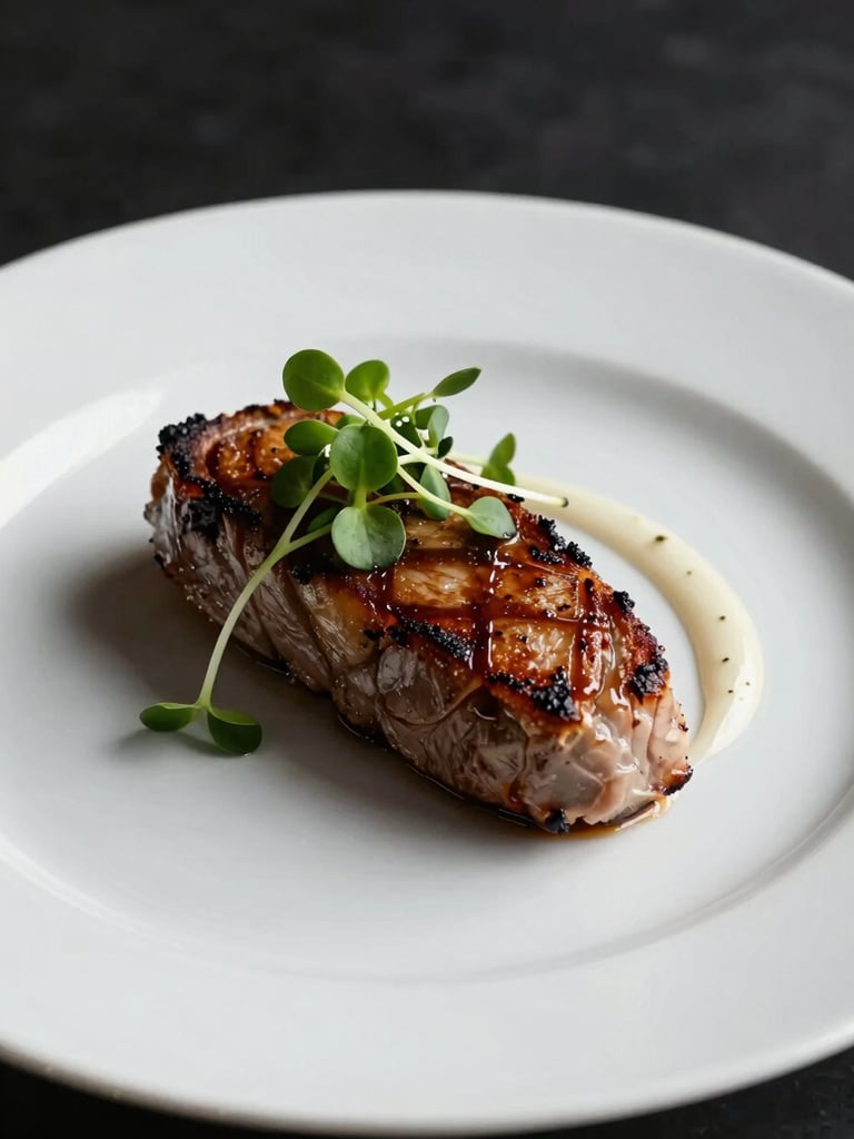 Close-up side angle of an elegantly plated wedding dinner course — seared protein, microgreens, a precise sauce arc — on bone-white porcelain, studio strobe lighting, sharp and shadowless