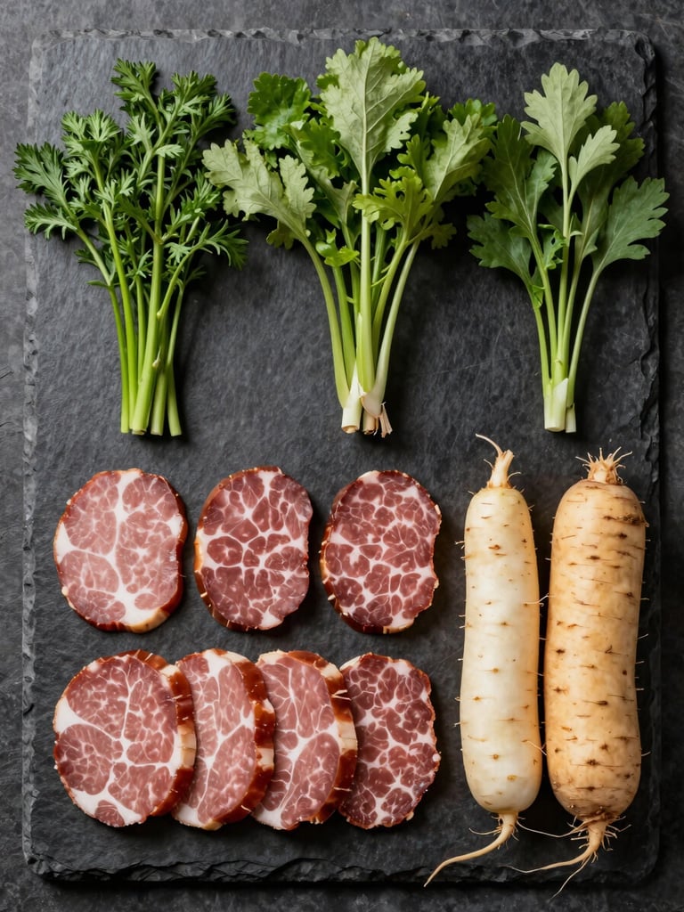 Overhead studio shot of seasonal ingredients — trimmed herbs, sliced protein, and root vegetables arranged on a dark stone prep surface, sharp controlled strobe lighting revealing textures and color contrast