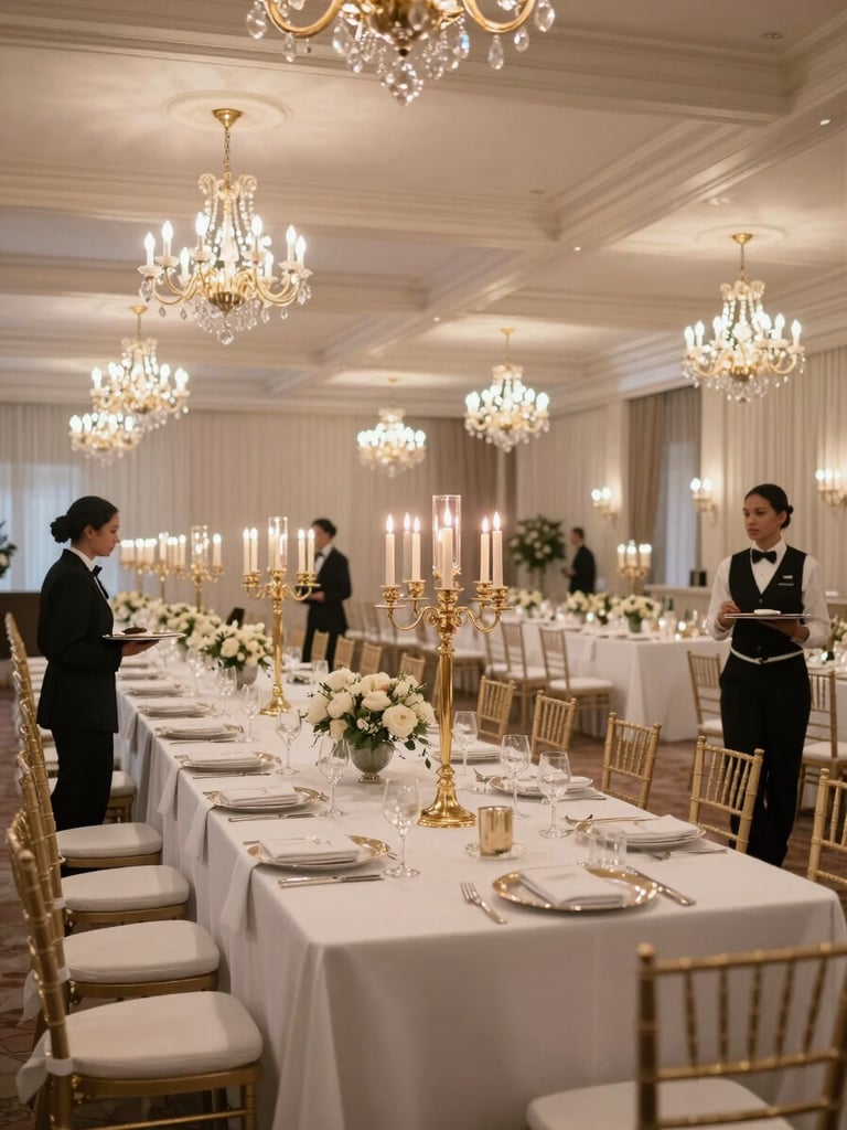 Wide environmental shot of a luxury event ballroom during active service — long tables set with white linen, gold candelabras, and precisely arranged place settings, staff moving along the perimeter with silver trays, chandeliers casting controlled warm overhead light, shot from low angle to emphasize room scale and table design depth