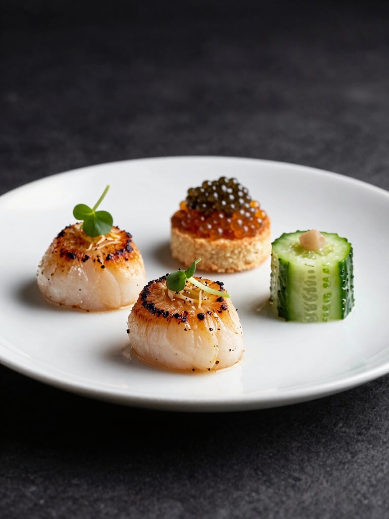 Macro side-angle of three luxury appetizers plated on white porcelain — seared scallop with microgreen garnish, caviar blini, and a compressed cucumber bite — studio strobe, shadowless background, sharp compositional clarity