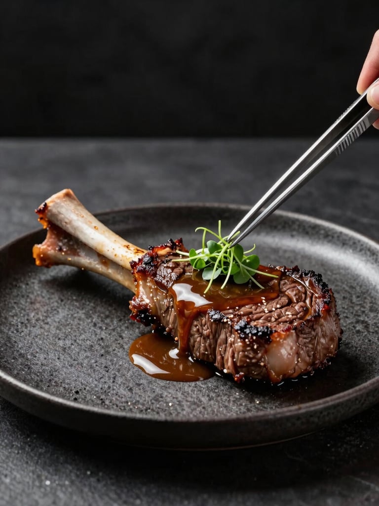 Side-angle close-up of a plated dry-aged beef filet on a charcoal ceramic plate — bone marrow jus poured in a controlled line, microherbs placed with tweezers, studio strobe lighting sharp and directional, dark background for contrast