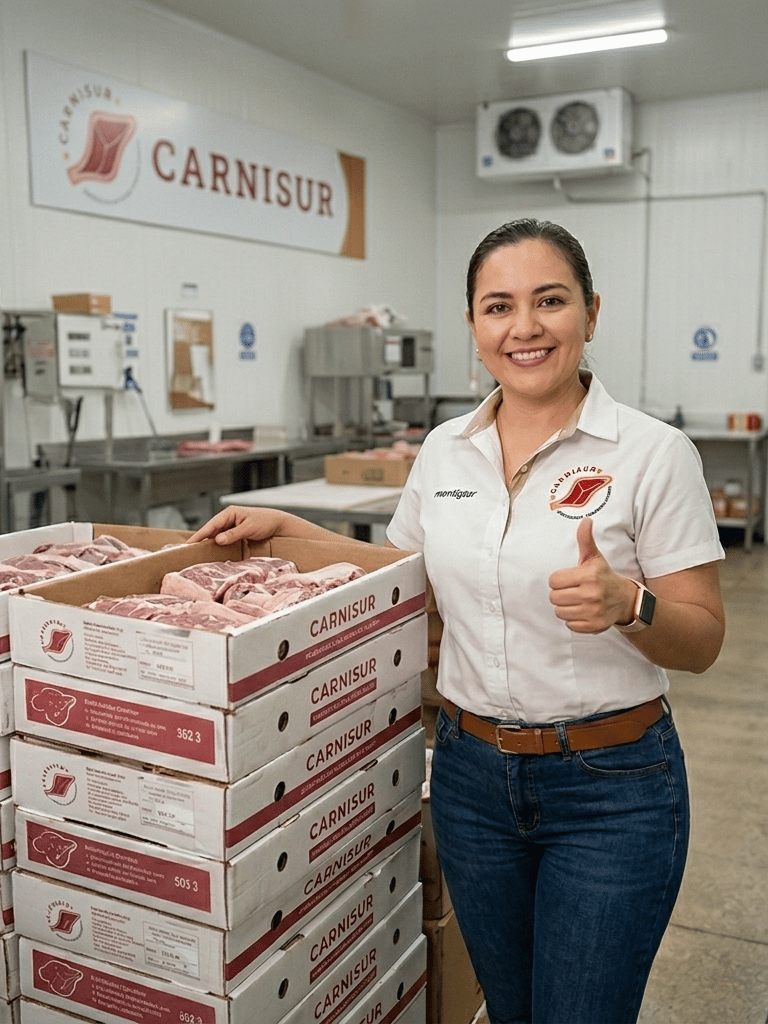 Empleada sonriente de Carnisur levanta el pulgar junto a cajas de pedidos en una planta procesadora