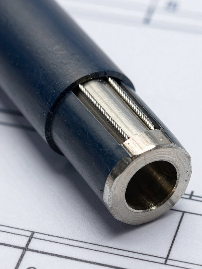 Macro shot of a hydraulic hose cross-section showing inner synthetic rubber tube, high-tensile steel wire reinforcement layers, and outer cover, technical blueprint style