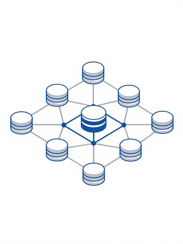 Minimalist vector illustration of abstract network topologies and interconnected database nodes, corporate blue and silver palette, sharp geometric lines