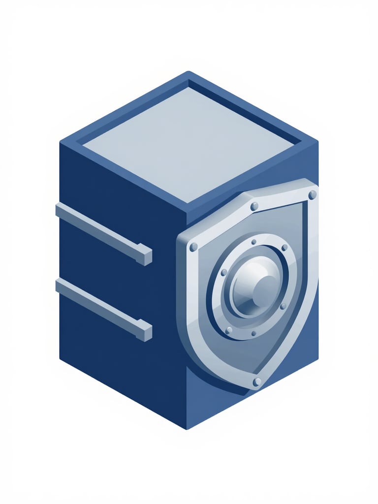 Minimalist isometric vector schematic of a secure data vault with layered digital shields, corporate blue and silver colors, clean technical style.