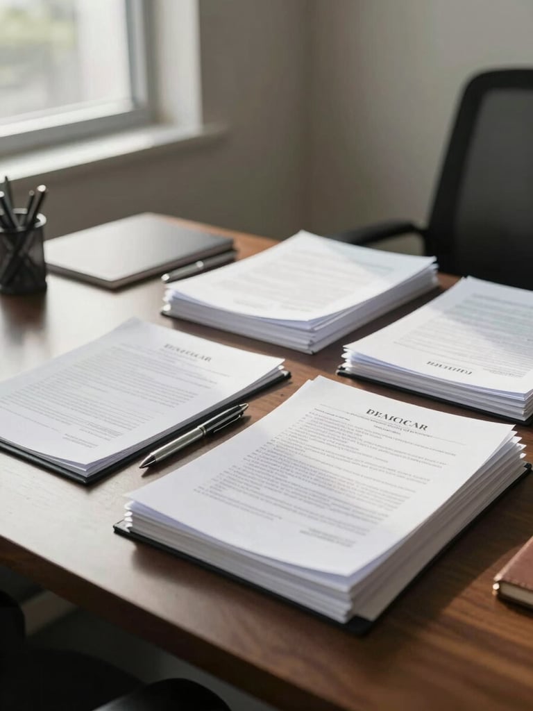 Wide-angle view from left side, organized professional desk in a clean Florida office, legal documents neatly stacked on right, soft north-facing window light washing across the surface, pens and a manila folder in precise arrangement, no people