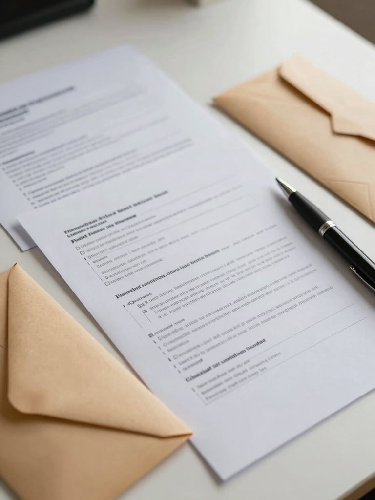 Close-up overhead flat-lay of organized legal correspondence on a clean desk — folded documents, a stamped envelope, and a pen resting beside them — shot in soft north-facing window light, no people