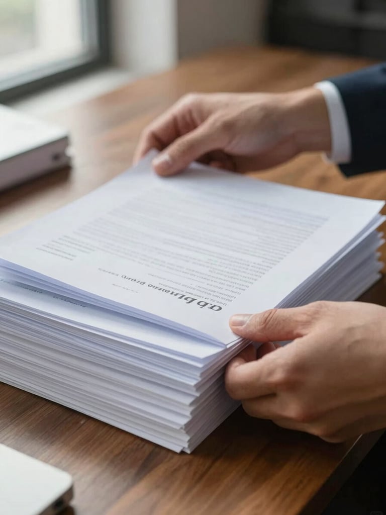 Close-up of hands carefully sorting and filing documents on an organized wooden desktop in a professional office, natural window light from the left, papers neatly aligned, no faces visible