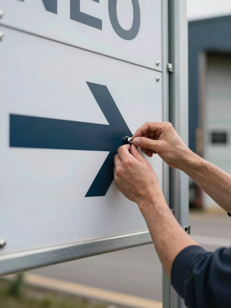 Close-up of large-format printed wayfinding signage being mounted to a temporary freestanding frame, installer's hands tightening a bolt, printed arrow graphic partially visible, even daylight from a loading dock