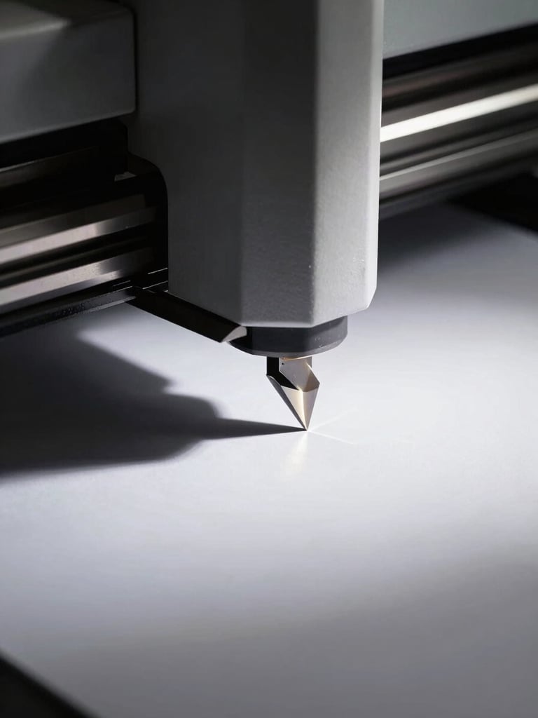 Close-up industrial product photography, dramatic low-key studio lighting, high contrast, deep shadows, a high-precision paper cutting machine blade reflecting light, focus on the sharp edge, geometric angles, 50mm lens.