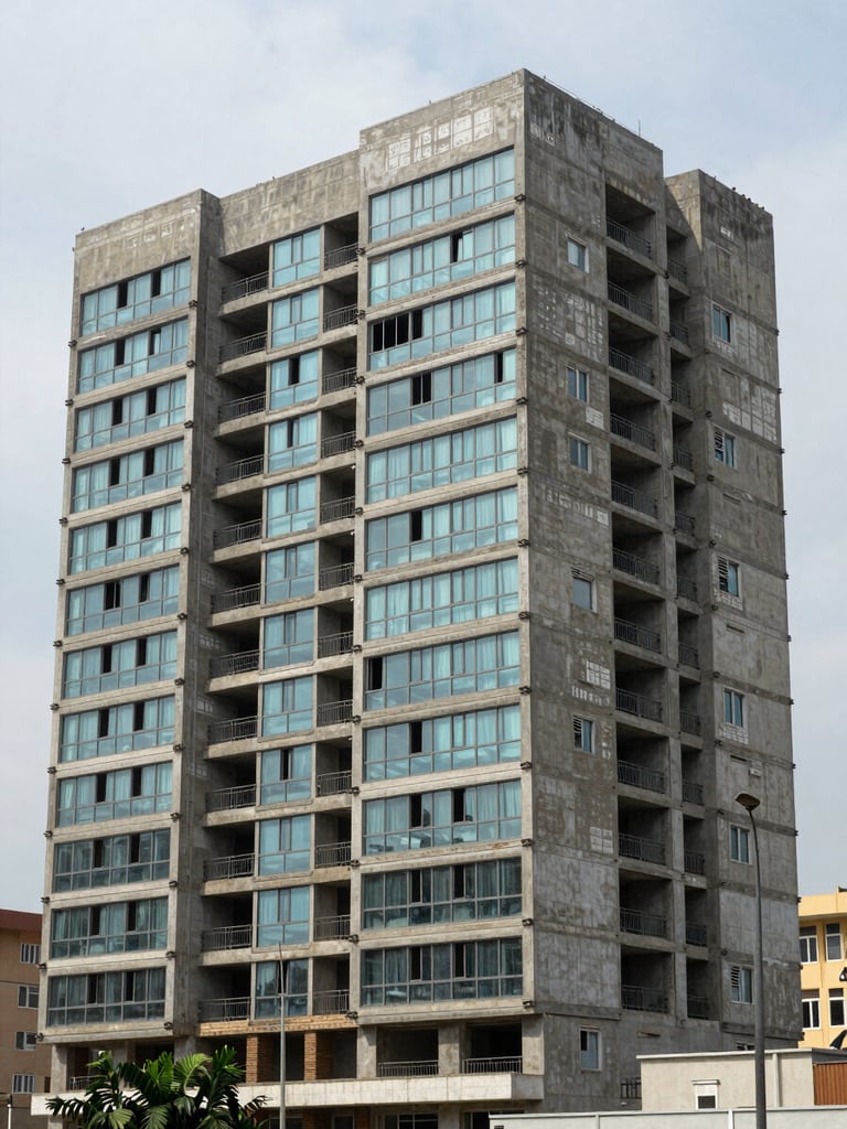 Close exterior shot of a completed Lagos residential block facade, even overcast daylight, concrete and glass detailing in sharp focus, street-level perspective showing the building's full ground floor and partial upper floors, no people, architectural precision