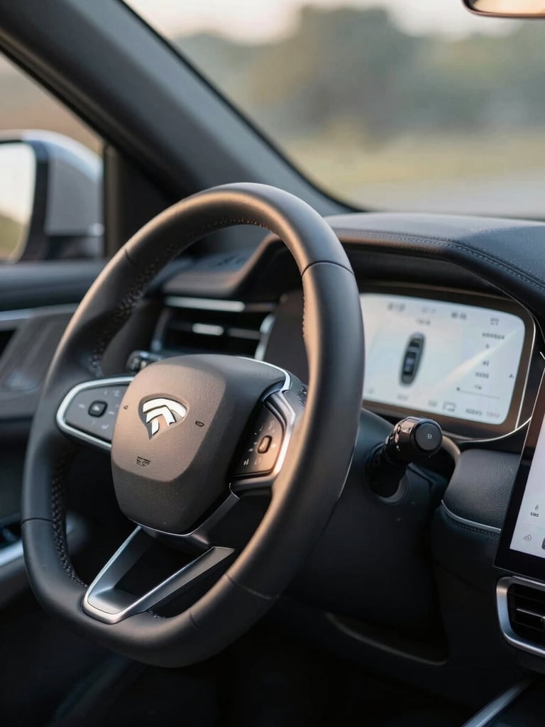 A close-up of a modern car dashboard with clean digital interfaces and a soft morning light reflecting off the steering wheel.