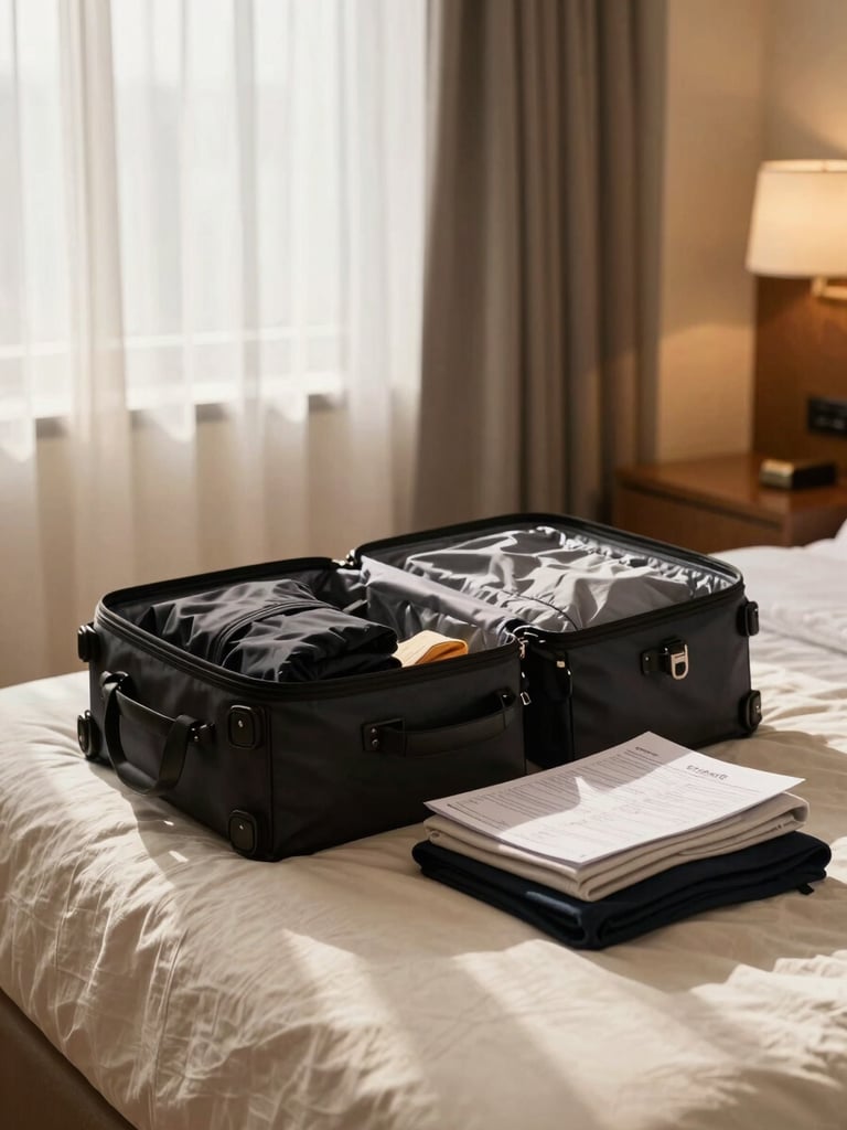 Environmental wide shot of a sunlit hotel room corner — a neatly arranged travel bag open on a cream linen bed, folded clothes beside a printed itinerary, soft north-facing daylight filtering through sheer curtains, warm amber tones, no people visible