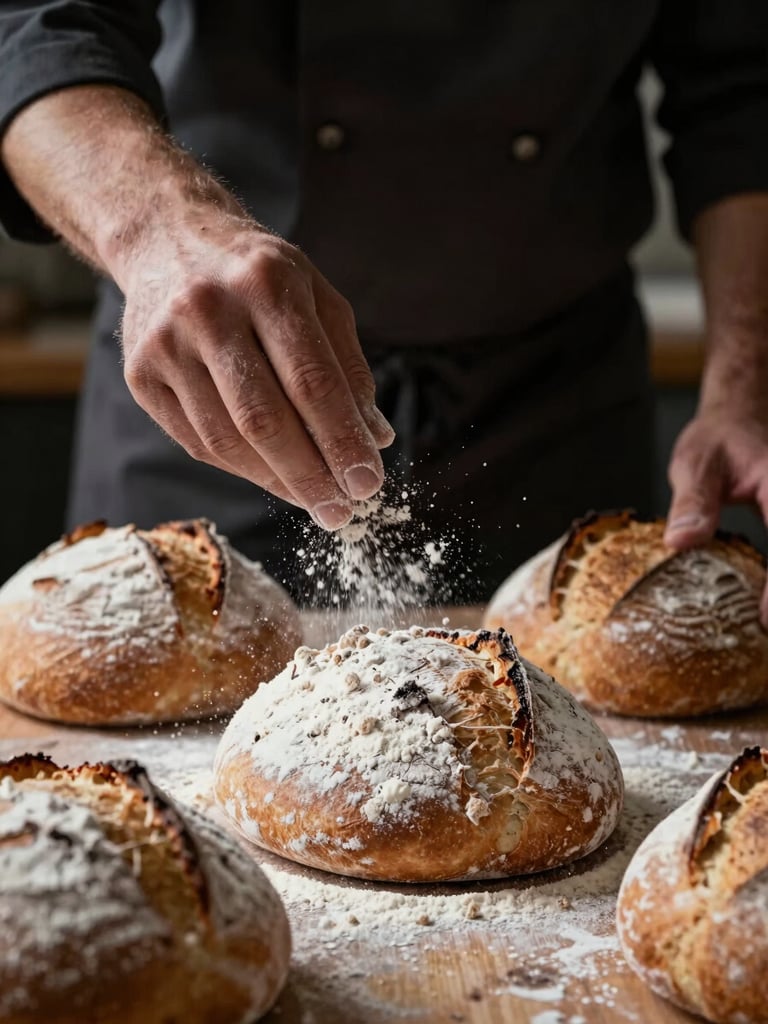 Extreme close-up of a chef's hands dusting flour onto fresh sourdough loaves, low-contrast natural morning light, rustic wooden surface.