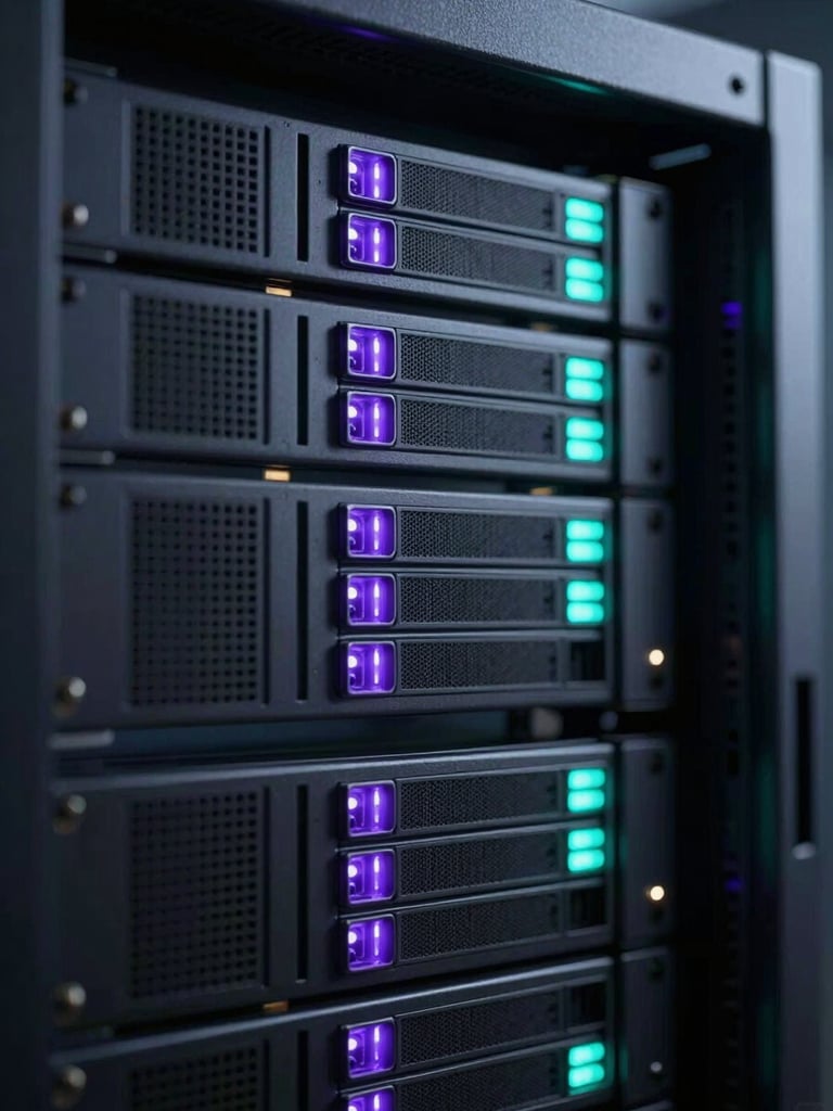 Macro close-up of modern server hardware rack, glowing purple and teal LED status indicators, sharp architectural lines of data center infrastructure, low-key high-contrast lighting, depth of field
