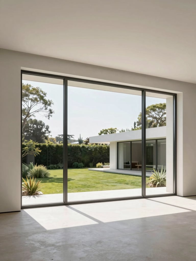 Minimalist luxury villa interior looking out to a garden through massive sliding windows, bright natural light, architectural photography