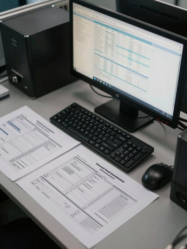 Close overhead shot of a government enterprise workstation, printed workflow diagrams spread across the desk alongside an active analytics dashboard on a large monitor, institutional fluorescent lighting, charcoal and slate tones, no people visible