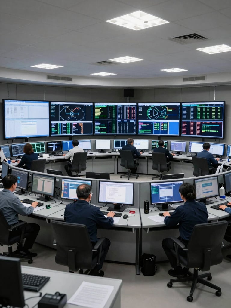 Wide-angle view of a government operations control room, multiple data dashboard monitors active on curved desks, overhead fluorescent-balanced lighting, operators at workstations seen from behind, no faces visible, institutional gray surfaces