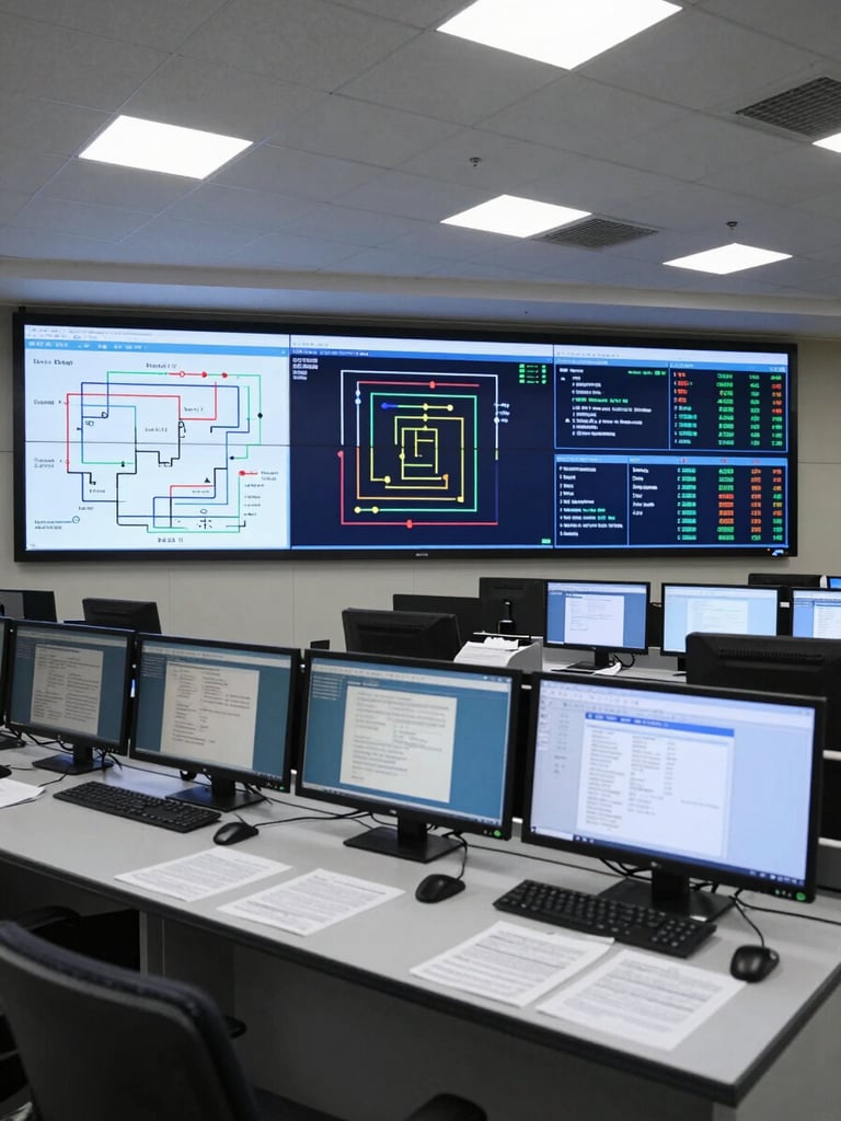 Wide shot of a government operations control room, multiple large data dashboard screens mounted on the far wall displaying workflow diagrams and system status indicators, a workstation in the foreground with documents and interface panels under even fluorescent-balanced overhead lighting, no people visible, institutional and precise