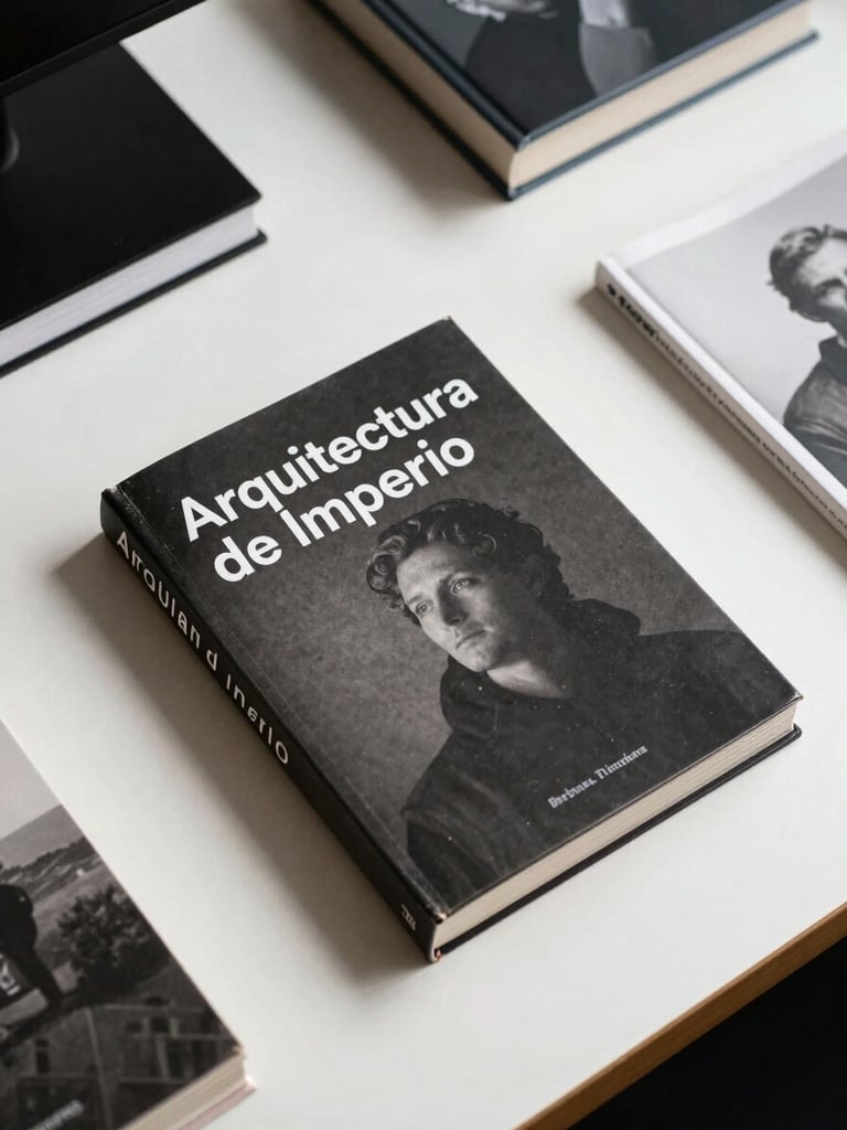 Overhead desk layout showing physical books of the Arquitectura de Imperio collection on a clean slate surface, high-contrast natural side-lighting, sharp details.