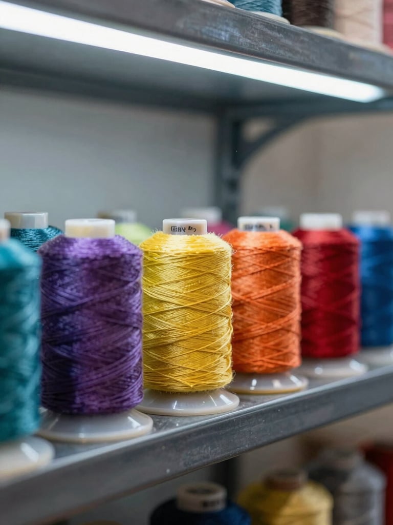 A collection of vibrant embroidery thread spools arranged neatly on a dark metal shelf, shallow depth of field, cool LED highlights.
